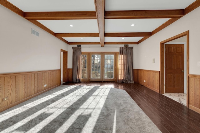 471 Stagecoach, Glen Ellyn, IL 60137 - unfurnished living room with a wainscoted wall, wood finished floors, beam ceiling, french doors, and recessed lighting