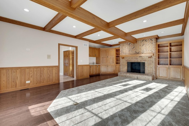 471 Stagecoach, Glen Ellyn, IL 60137 - unfurnished living room with beamed ceiling, wood finished floors, wainscoting, recessed lighting, and a fireplace