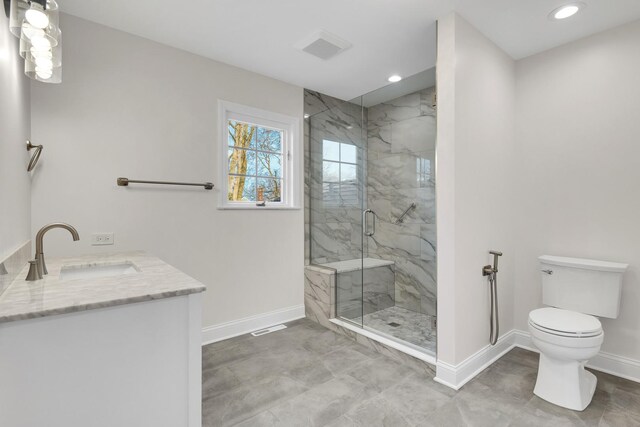 471 Stagecoach, Glen Ellyn, IL 60137 - full bath with baseboards, toilet, a marble finish shower, recessed lighting, and vanity