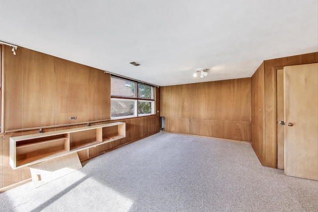 spare room featuring wooden walls and carpet floors
