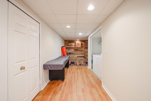 10941 Preston Pkwy, Huntley, IL 60142 - hallway featuring light wood-style flooring, washer and clothes dryer, a drop ceiling, recessed lighting, and baseboards