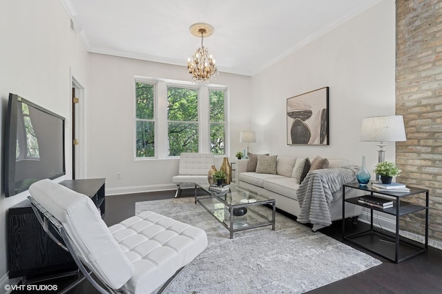 2328 N Oakley Ave Unit 2E, Chicago, IL 60647 - living area featuring dark wood-style floors, a chandelier, baseboards, and ornamental molding