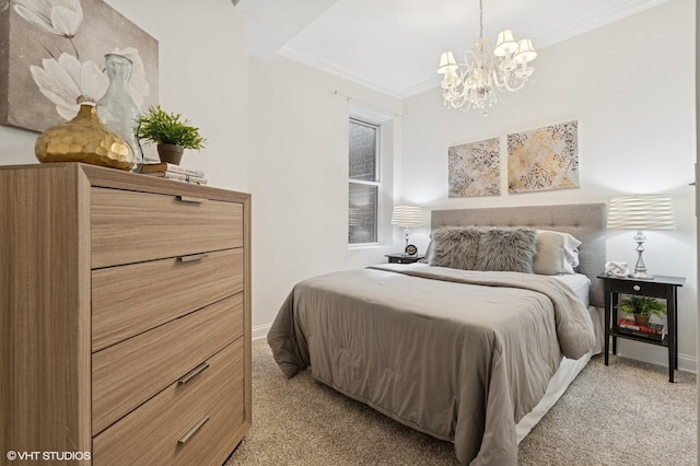 2328 N Oakley Ave Unit 2E, Chicago, IL 60647 - bedroom with ornamental molding, light carpet, a chandelier, and baseboards