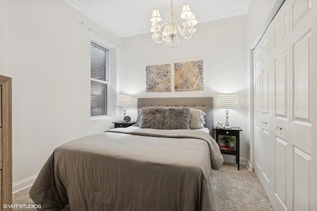 2328 N Oakley Ave Unit 2E, Chicago, IL 60647 - bedroom featuring a chandelier, a closet, ornamental molding, carpet, and baseboards