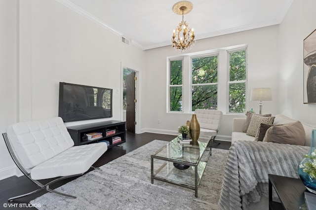 2328 N Oakley Ave Unit 2E, Chicago, IL 60647 - living room with a chandelier, wood finished floors, crown molding, and baseboards