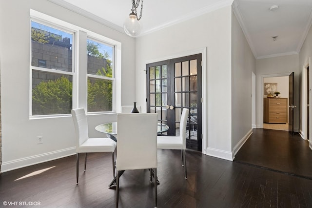 2328 N Oakley Ave Unit 2E, Chicago, IL 60647 - dining area with dark wood-type flooring, crown molding, baseboards, and french doors