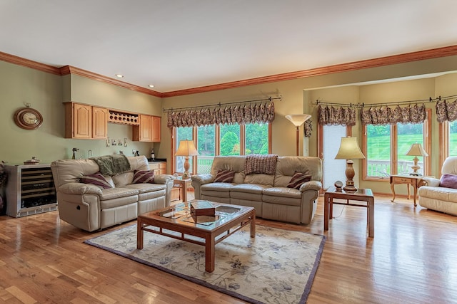 25410 N Cayuga Trl, Lake Barrington, IL 60010 - living area with beverage cooler, healthy amount of natural light, bar area, ornamental molding, and light wood-style flooring