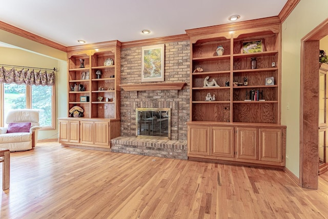 25410 N Cayuga Trl, Lake Barrington, IL 60010 - living room featuring light wood-style flooring, ornamental molding, a brick fireplace, baseboards, and built in shelves