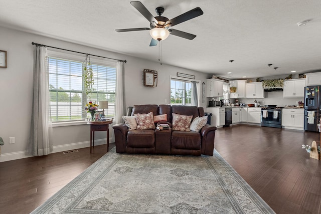 2011 Medical Center Dr, Monticello, IL 61856 - living area featuring dark wood-style floors, baseboards, and a ceiling fan