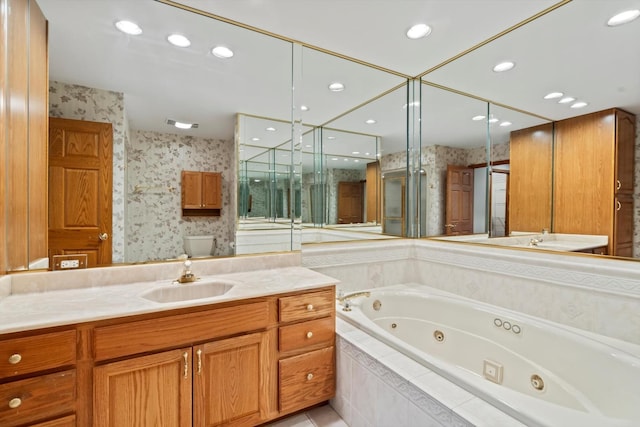 16 Pine Needles Dr, Lemont, IL 60439 - full bathroom featuring wallpapered walls, a tub with jets, vanity, and recessed lighting