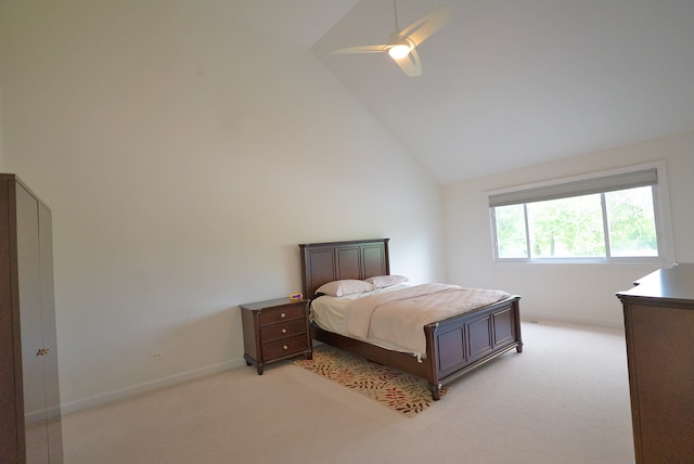 4310 Church St, Skokie, IL 60076 - bedroom with light colored carpet, baseboards, a ceiling fan, and high vaulted ceiling