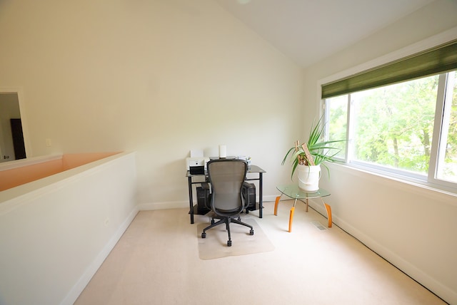 4310 Church St, Skokie, IL 60076 - office area featuring healthy amount of natural light, lofted ceiling, baseboards, and carpet floors