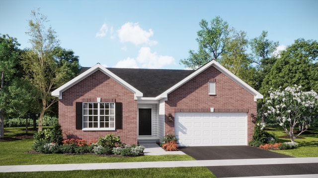 view of front facade with asphalt driveway, a garage, brick siding, and a front lawn