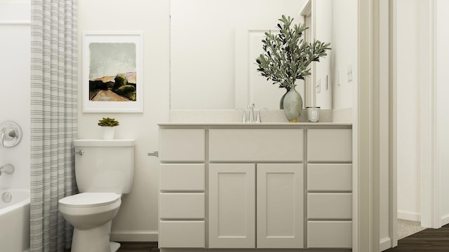 bathroom with toilet, baseboards, vanity, shower / bath combo with shower curtain, and wood finished floors