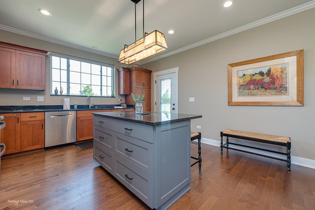 25549 Sara Ct, Channahon, IL 60410 - kitchen featuring dishwasher, ornamental molding, a breakfast bar, a sink, and dark wood finished floors