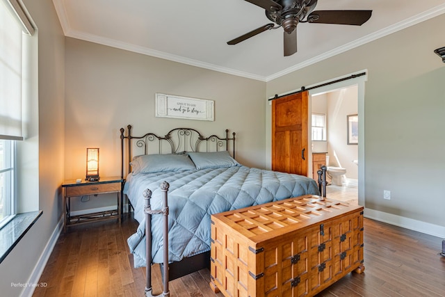 25549 Sara Ct, Channahon, IL 60410 - bedroom with crown molding, multiple windows, dark wood-type flooring, a barn door, and baseboards