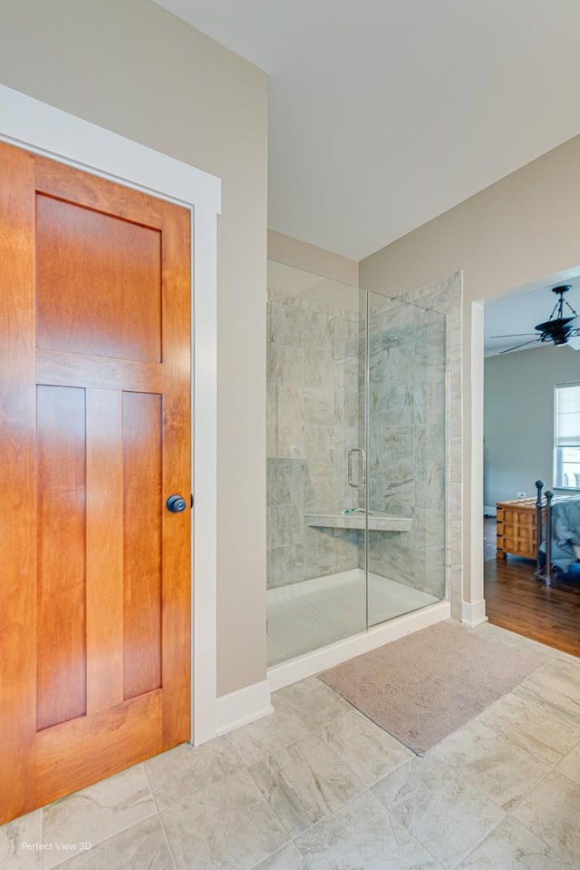 25549 Sara Ct, Channahon, IL 60410 - full bathroom with a shower stall, baseboards, and ceiling fan