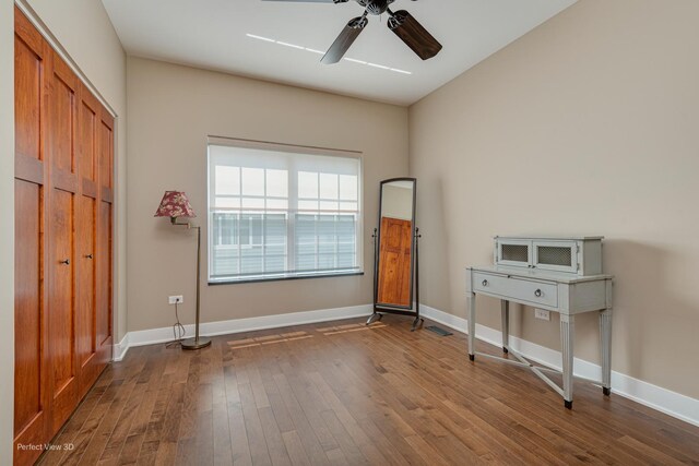 25549 Sara Ct, Channahon, IL 60410 - unfurnished bedroom featuring hardwood / wood-style flooring, baseboards, and a ceiling fan