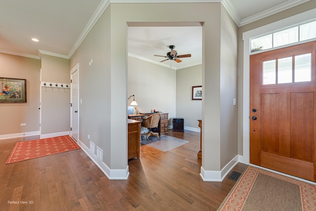 25549 Sara Ct, Channahon, IL 60410 - entryway featuring dark wood-type flooring, baseboards, crown molding, ceiling fan, and recessed lighting