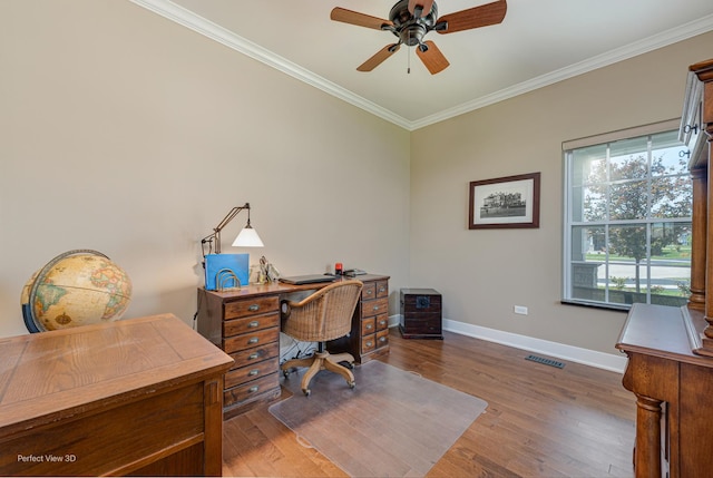 25549 Sara Ct, Channahon, IL 60410 - home office featuring ornamental molding, baseboards, a ceiling fan, and wood finished floors
