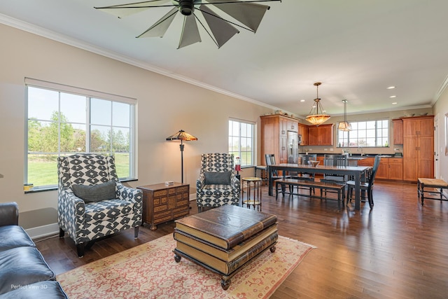 25549 Sara Ct, Channahon, IL 60410 - living room featuring crown molding, dark wood-style floors, a ceiling fan, recessed lighting, and baseboards