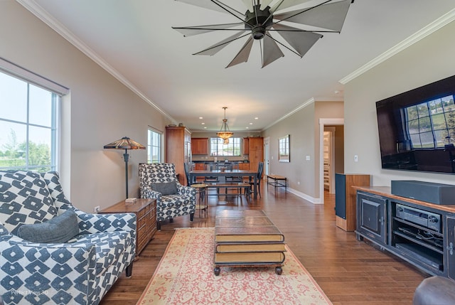 25549 Sara Ct, Channahon, IL 60410 - living area with dark wood-type flooring, recessed lighting, baseboards, and ornamental molding