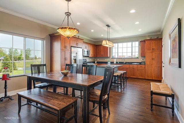 25549 Sara Ct, Channahon, IL 60410 - dining room featuring crown molding, recessed lighting, dark wood-type flooring, and baseboards