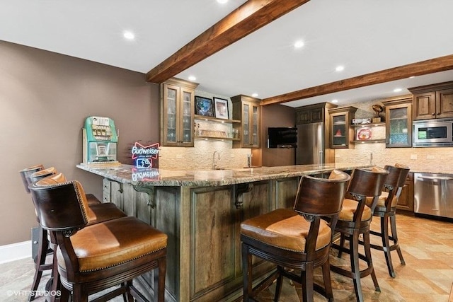 41W590 Bowgren Dr, Campton Hills, IL 60119 - indoor wet bar featuring appliances with stainless steel finishes, beamed ceiling, recessed lighting, tasteful backsplash, and baseboards