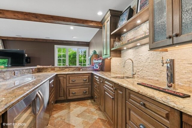 41W590 Bowgren Dr, Campton Hills, IL 60119 - kitchen featuring a sink, stone tile flooring, backsplash, beamed ceiling, and beverage cooler