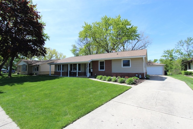 1188 Cypress Ln, Elk Grove Village, IL 60007 - ranch-style home featuring a porch, brick siding, an outdoor structure, a front yard, and a detached garage