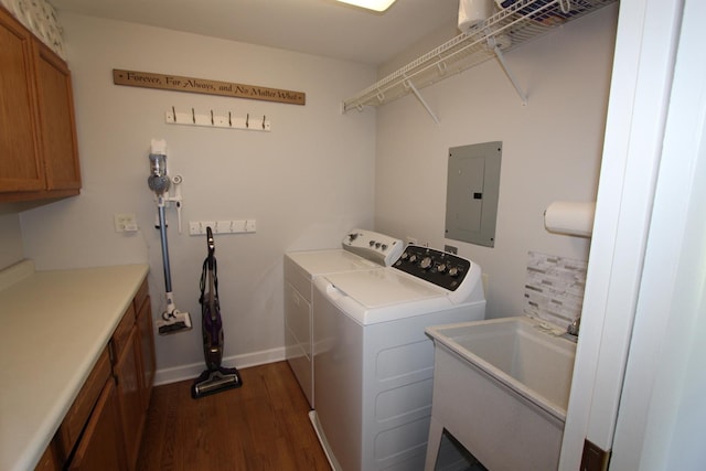 1188 Cypress Ln, Elk Grove Village, IL 60007 - washroom featuring electric panel, cabinet space, washing machine and dryer, dark wood-style floors, and baseboards