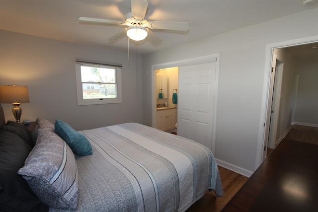 1188 Cypress Ln, Elk Grove Village, IL 60007 - bedroom featuring wood finished floors, baseboards, a ceiling fan, and ensuite bath