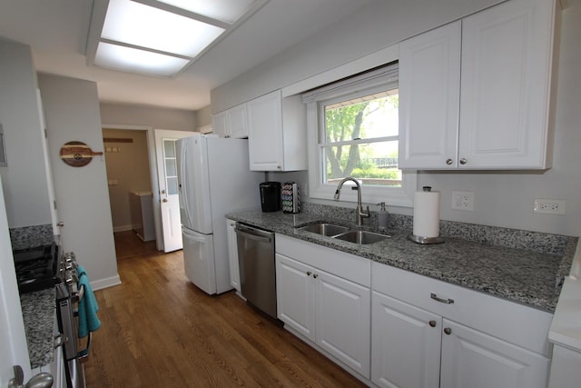 1188 Cypress Ln, Elk Grove Village, IL 60007 - kitchen with stainless steel appliances, a sink, white cabinets, and dark wood-style flooring