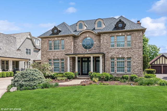 view of front of property featuring brick siding, a front lawn, a chimney, and french doors