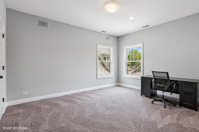 home office featuring carpet flooring, baseboards, and recessed lighting