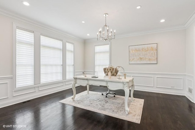 office with a chandelier, a wainscoted wall, dark wood-style floors, recessed lighting, and crown molding