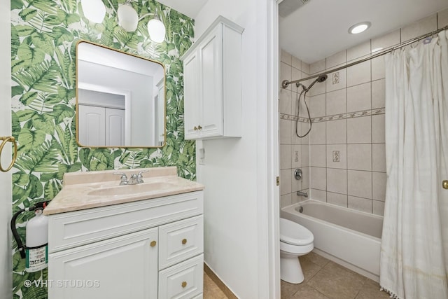 1826 E Tano Ln, Mount Prospect, IL 60056 - bathroom with vanity, shower / tub combo with curtain, wallpapered walls, and tile patterned flooring