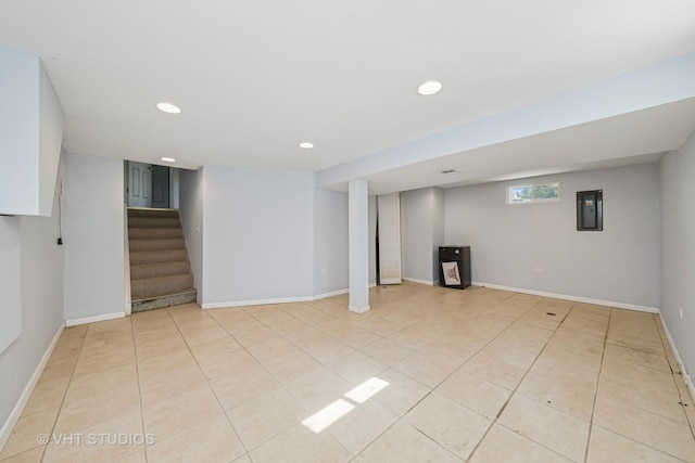 1826 E Tano Ln, Mount Prospect, IL 60056 - basement featuring electric panel, recessed lighting, light tile patterned floors, and stairway