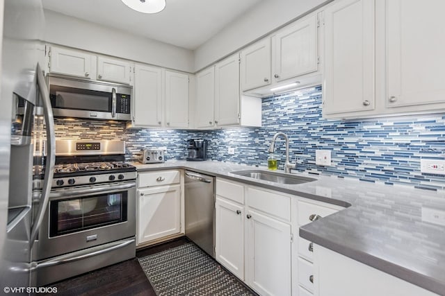 kitchen featuring appliances with stainless steel finishes, a sink, tasteful backsplash, and white cabinetry