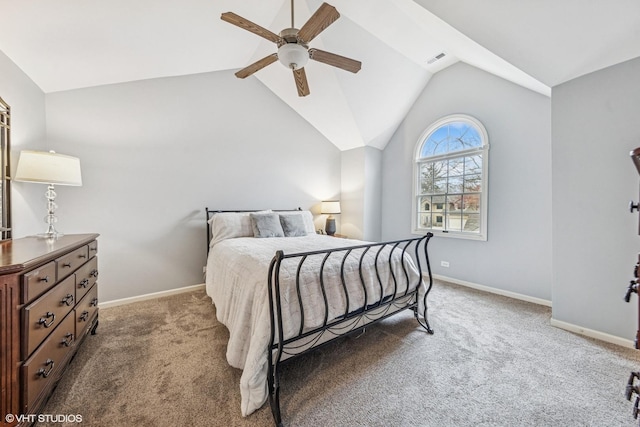 bedroom featuring lofted ceiling, carpet, baseboards, and ceiling fan