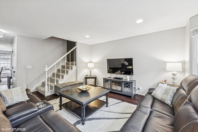 living room with stairs, wood finished floors, recessed lighting, and baseboards