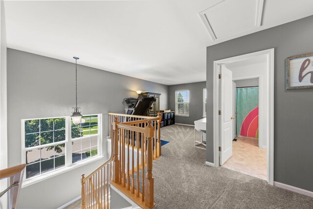 401 Manchester Rd, Oswego, IL 60543 - hallway with an upstairs landing, carpet floors, and baseboards