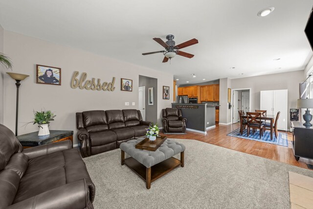 401 Manchester Rd, Oswego, IL 60543 - living area with a ceiling fan, light wood-style floors, baseboards, and recessed lighting