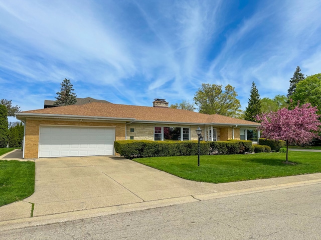 6600 N Kenton Ave, Lincolnwood, IL 60712 - ranch-style home featuring a front yard, an attached garage, brick siding, driveway, and a chimney