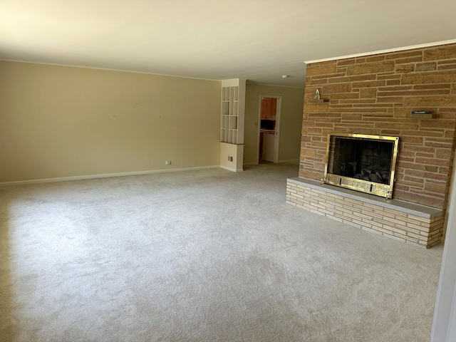 6600 N Kenton Ave, Lincolnwood, IL 60712 - unfurnished living room with a stone fireplace, baseboards, and carpet floors
