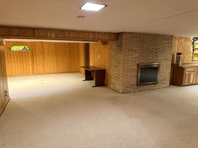 6600 N Kenton Ave, Lincolnwood, IL 60712 - unfurnished living room featuring wooden walls, carpet, and a fireplace