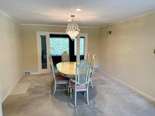 6600 N Kenton Ave, Lincolnwood, IL 60712 - dining space featuring a chandelier, carpet floors, baseboards, crown molding, and recessed lighting