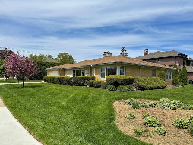 6600 N Kenton Ave, Lincolnwood, IL 60712 - single story home featuring an attached garage, a front yard, a chimney, and brick siding