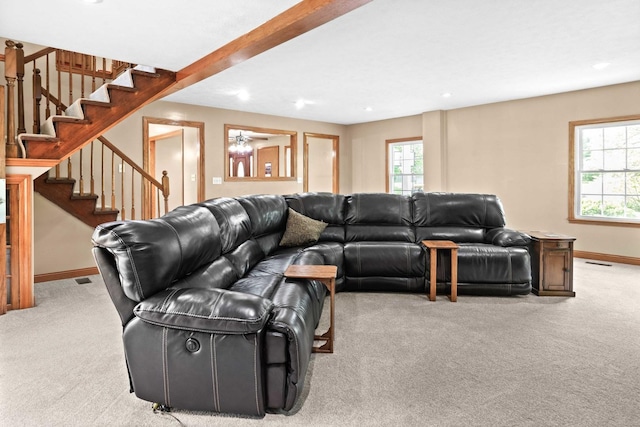 19423 Lakeside Ln, Bloomington, IL 61705 - carpeted living room with baseboards, recessed lighting, stairway, and ceiling fan