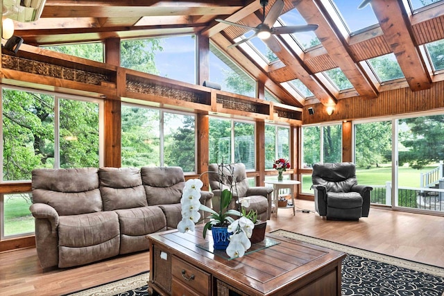 19423 Lakeside Ln, Bloomington, IL 61705 - sunroom with a skylight, high vaulted ceiling, wood finished floors, beam ceiling, and plenty of natural light